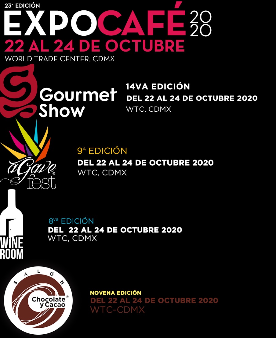 Expo Café, Gourmet Show, Agave Fest, Wine Room y Salón Chocolate y Cacao 2020
